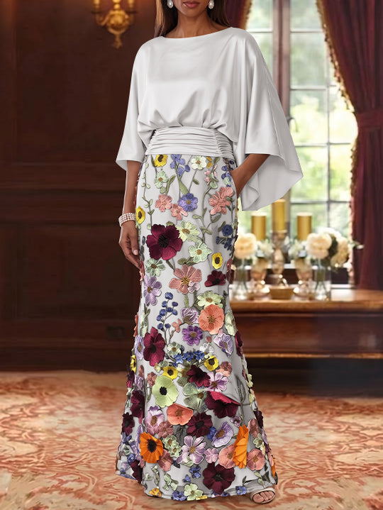 Robe Mère De La Mariée Forme Trompette/Sirène, Satin De Soie Floral, Longueur Au Sol, Manches 3/4, Froncé