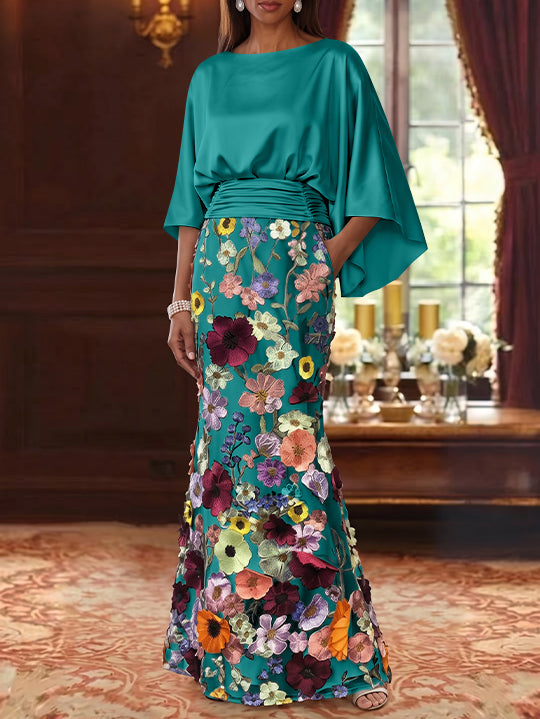 Robe Mère De La Mariée Forme Trompette/Sirène, Satin De Soie Floral, Longueur Au Sol, Manches 3/4, Froncé