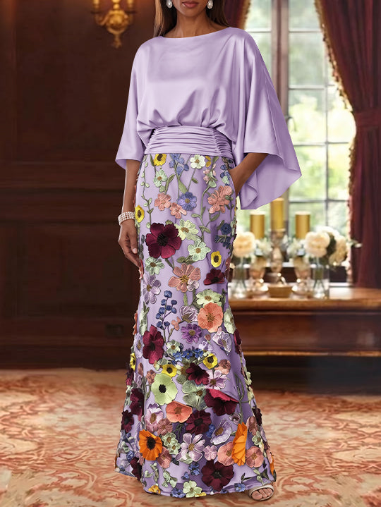Robe Mère De La Mariée Forme Trompette/Sirène, Satin De Soie Floral, Longueur Au Sol, Manches 3/4, Froncé