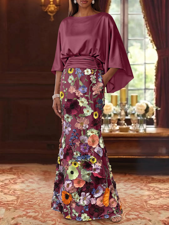 Robe Mère De La Mariée Forme Trompette/Sirène, Satin De Soie Floral, Longueur Au Sol, Manches 3/4, Froncé