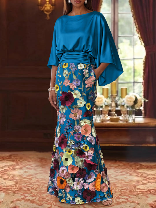 Robe Mère De La Mariée Forme Trompette/Sirène, Satin De Soie Floral, Longueur Au Sol, Manches 3/4, Froncé