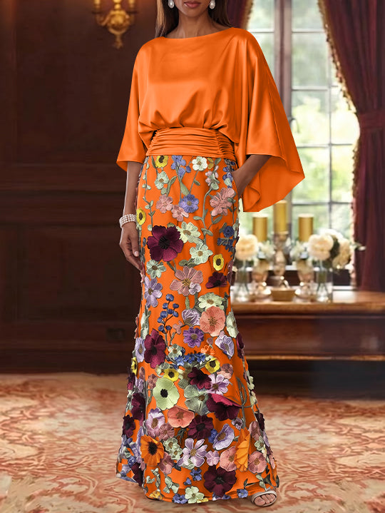 Robe Mère De La Mariée Forme Trompette/Sirène, Satin De Soie Floral, Longueur Au Sol, Manches 3/4, Froncé