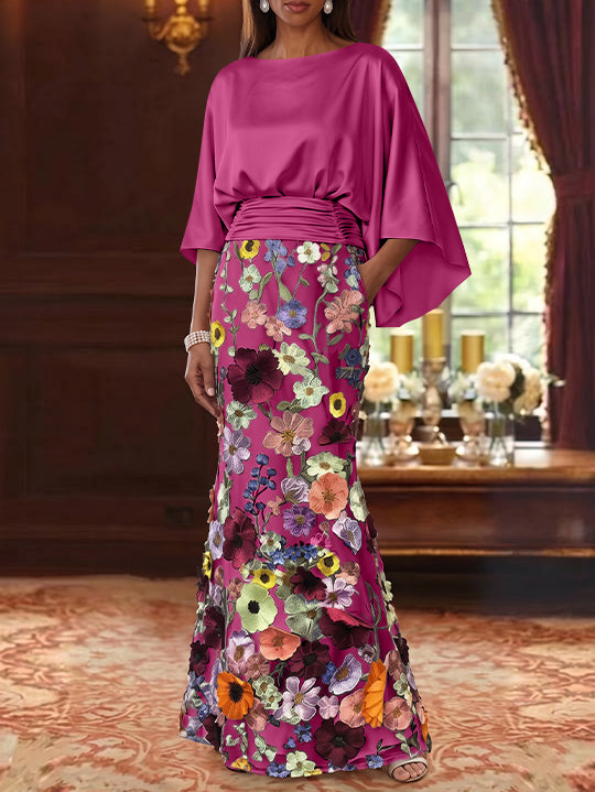Robe Mère De La Mariée Forme Trompette/Sirène, Satin De Soie Floral, Longueur Au Sol, Manches 3/4, Froncé