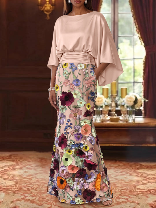 Robe Mère De La Mariée Forme Trompette/Sirène, Satin De Soie Floral, Longueur Au Sol, Manches 3/4, Froncé