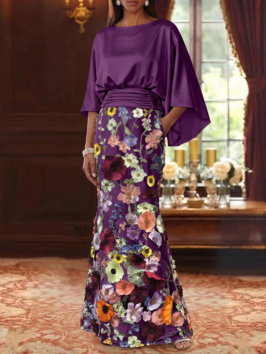 Robe Mère De La Mariée Forme Trompette/Sirène, Satin De Soie Floral, Longueur Au Sol, Manches 3/4, Froncé