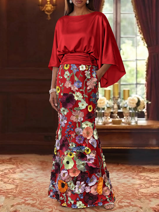 Robe Mère De La Mariée Forme Trompette/Sirène, Satin De Soie Floral, Longueur Au Sol, Manches 3/4, Froncé