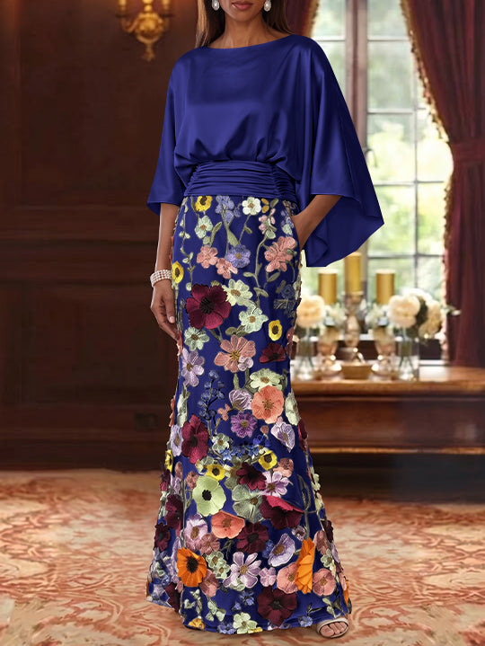 Robe Mère De La Mariée Forme Trompette/Sirène, Satin De Soie Floral, Longueur Au Sol, Manches 3/4, Froncé