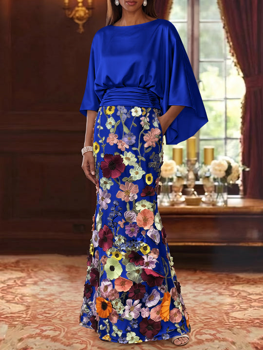 Robe Mère De La Mariée Forme Trompette/Sirène, Satin De Soie Floral, Longueur Au Sol, Manches 3/4, Froncé