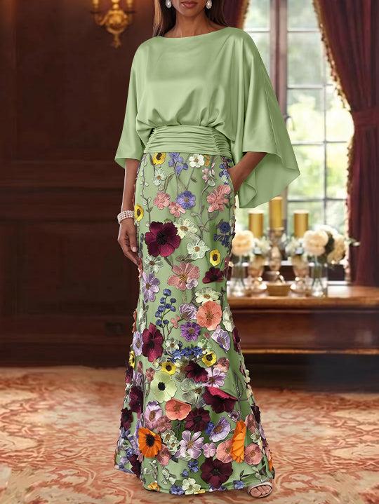 Robe Mère De La Mariée Forme Trompette/Sirène, Satin De Soie Floral, Longueur Au Sol, Manches 3/4, Froncé