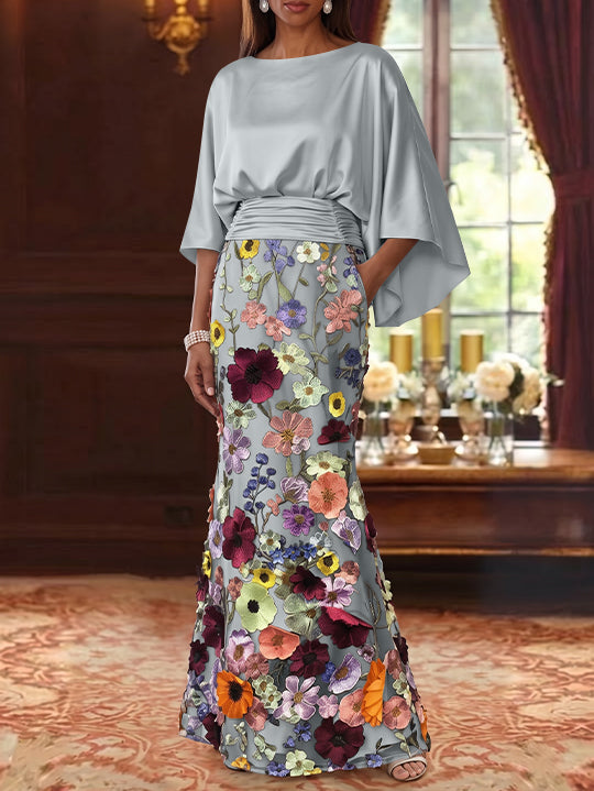 Robe Mère De La Mariée Forme Trompette/Sirène, Satin De Soie Floral, Longueur Au Sol, Manches 3/4, Froncé