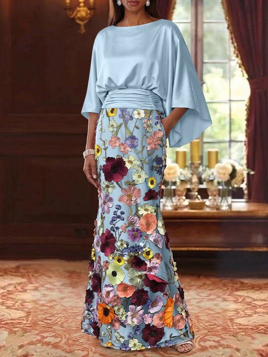 Robe Mère De La Mariée Forme Trompette/Sirène, Satin De Soie Floral, Longueur Au Sol, Manches 3/4, Froncé