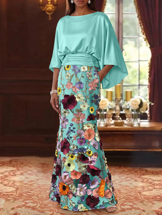 Robe Mère De La Mariée Forme Trompette/Sirène, Satin De Soie Floral, Longueur Au Sol, Manches 3/4, Froncé