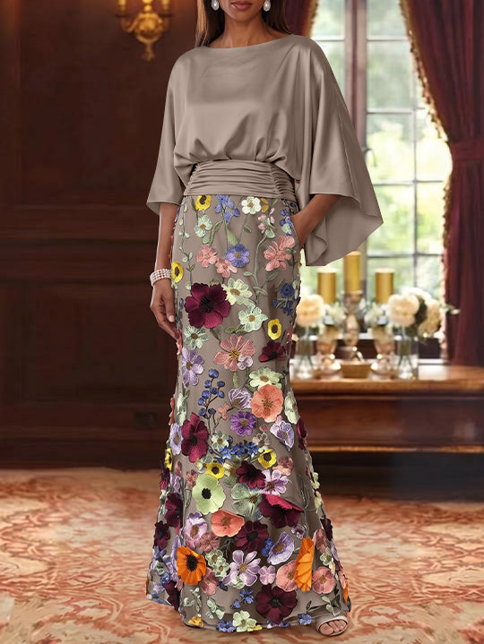 Robe Mère De La Mariée Forme Trompette/Sirène, Satin De Soie Floral, Longueur Au Sol, Manches 3/4, Froncé