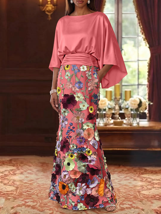 Robe Mère De La Mariée Forme Trompette/Sirène, Satin De Soie Floral, Longueur Au Sol, Manches 3/4, Froncé