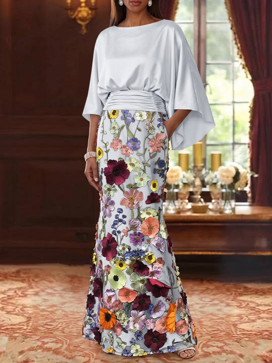 Robe Mère De La Mariée Forme Trompette/Sirène, Satin De Soie Floral, Longueur Au Sol, Manches 3/4, Froncé