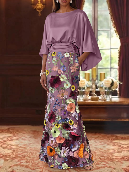 Robe Mère De La Mariée Forme Trompette/Sirène, Satin De Soie Floral, Longueur Au Sol, Manches 3/4, Froncé