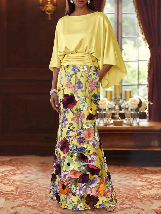 Robe Mère De La Mariée Forme Trompette/Sirène, Satin De Soie Floral, Longueur Au Sol, Manches 3/4, Froncé