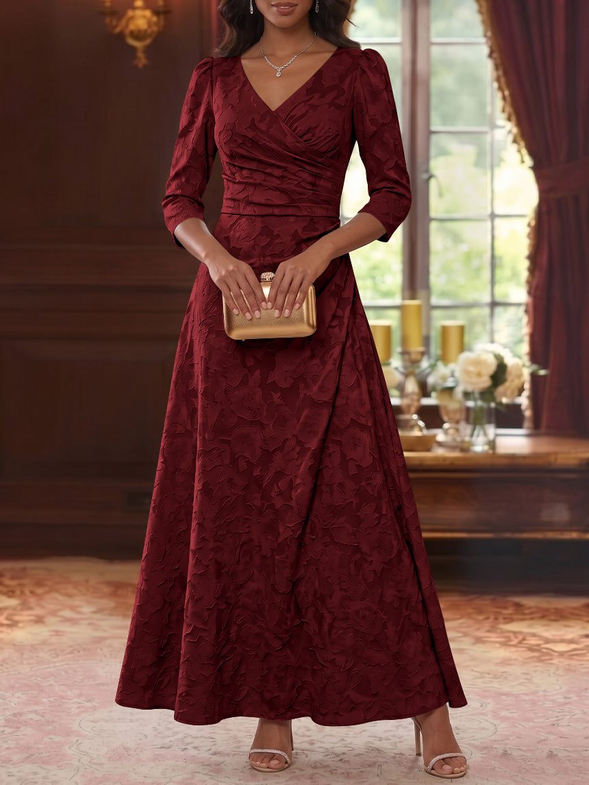 Robe Mère De La Mariée Forme A/Princesse, Col V, Mousseline Florale, Longueur Cheville, Manches 3/4, Froncé