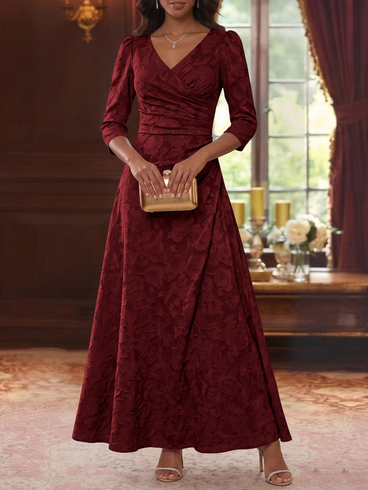 Robe Mère De La Mariée Forme A/Princesse, Col V, Mousseline Florale, Longueur Cheville, Manches 3/4, Froncé