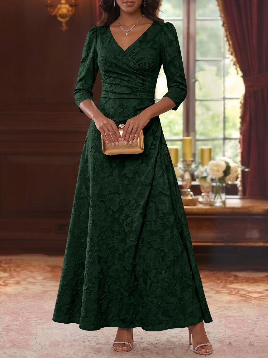 Robe Mère De La Mariée Forme A/Princesse, Col V, Mousseline Florale, Longueur Cheville, Manches 3/4, Froncé