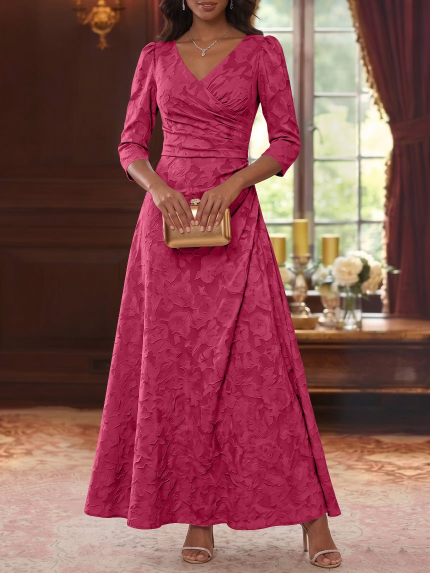 Robe Mère De La Mariée Forme A/Princesse, Col V, Mousseline Florale, Longueur Cheville, Manches 3/4, Froncé