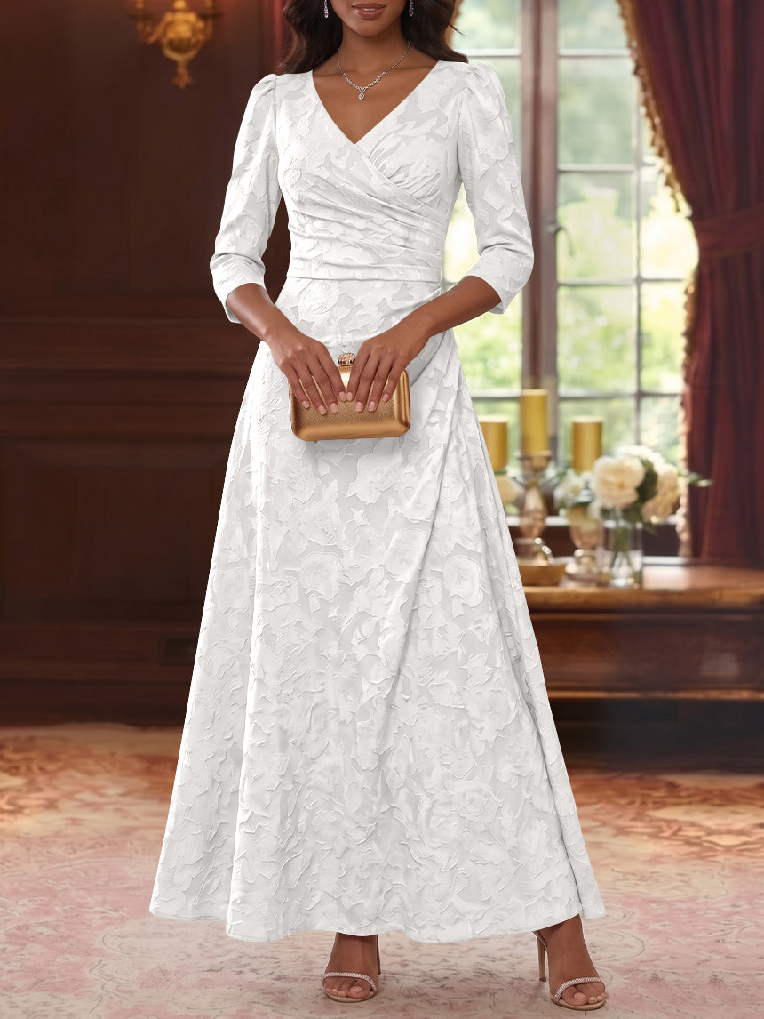 Robe Mère De La Mariée Forme A/Princesse, Col V, Mousseline Florale, Longueur Cheville, Manches 3/4, Froncé