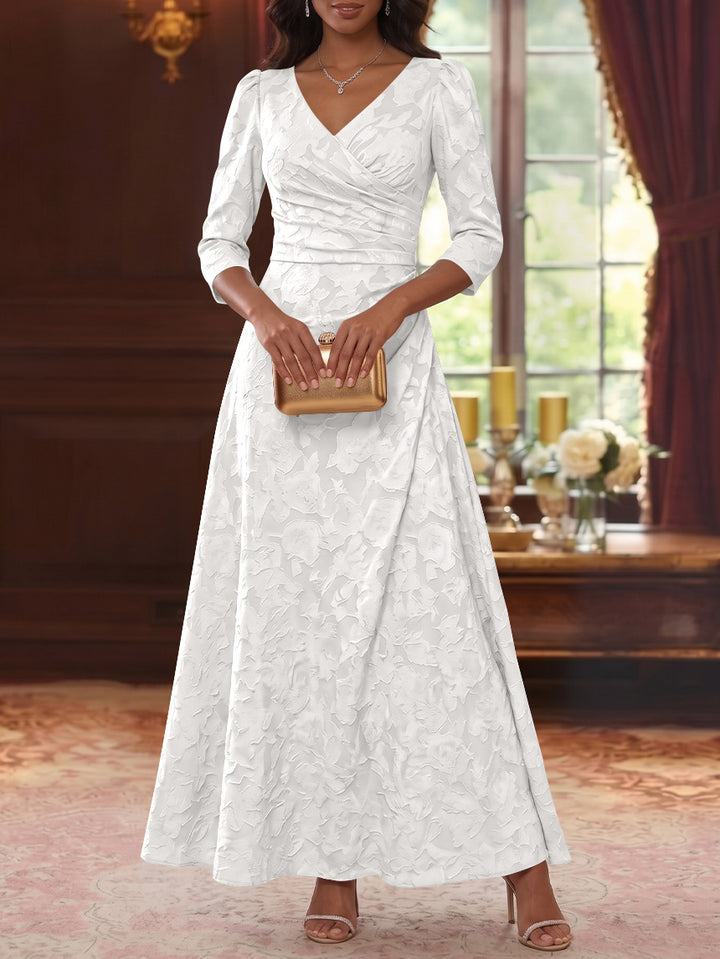 Robe Mère De La Mariée Forme A/Princesse, Col V, Mousseline Florale, Longueur Cheville, Manches 3/4, Froncé