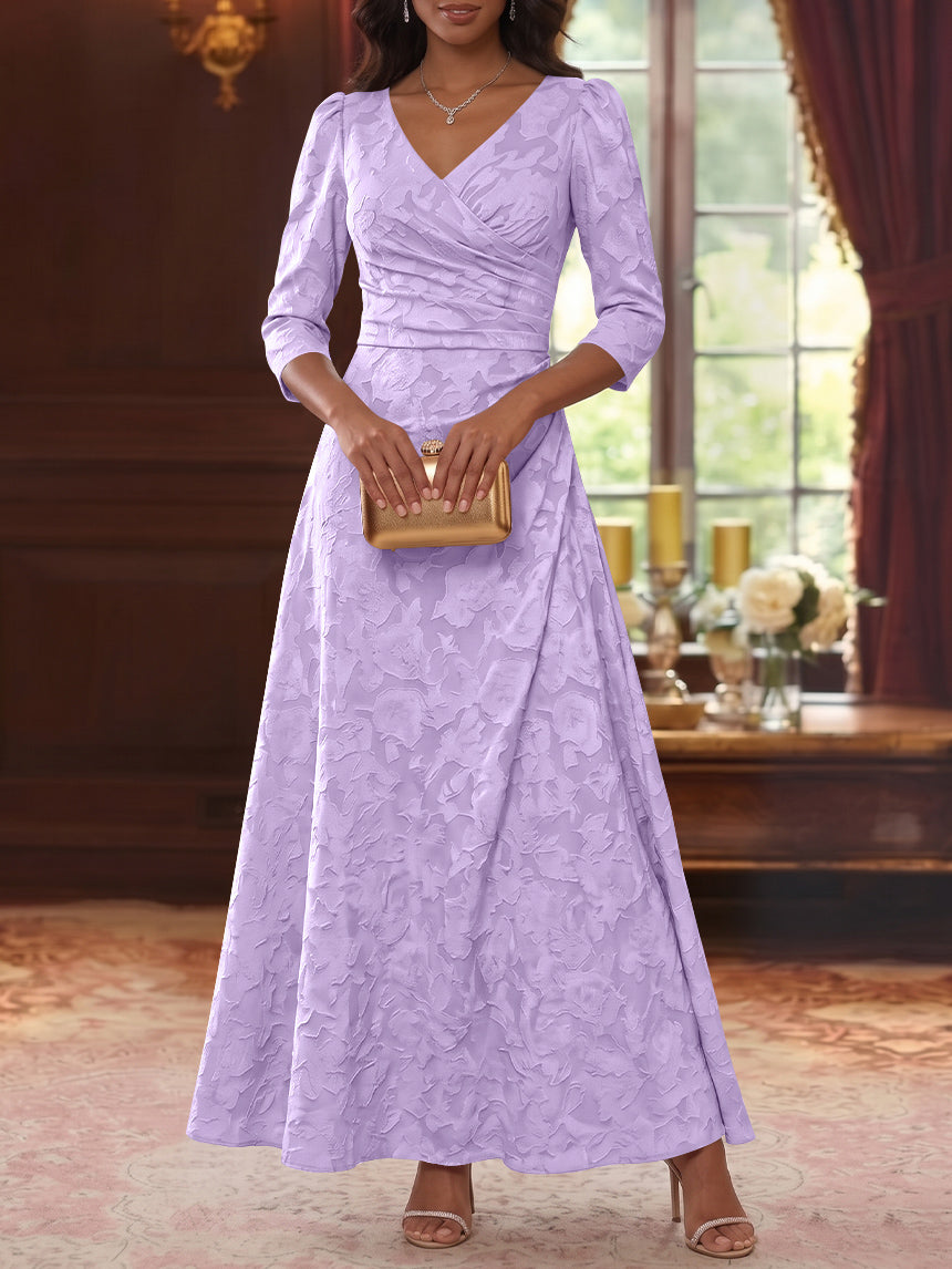 Robe Mère De La Mariée Forme A/Princesse, Col V, Mousseline Florale, Longueur Cheville, Manches 3/4, Froncé