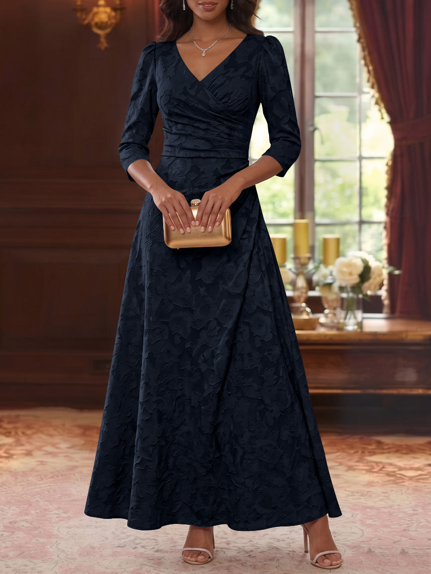 Robe Mère De La Mariée Forme A/Princesse, Col V, Mousseline Florale, Longueur Cheville, Manches 3/4, Froncé