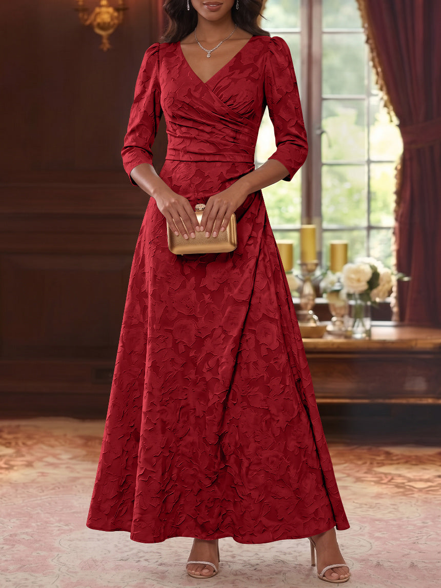 Robe Mère De La Mariée Forme A/Princesse, Col V, Mousseline Florale, Longueur Cheville, Manches 3/4, Froncé