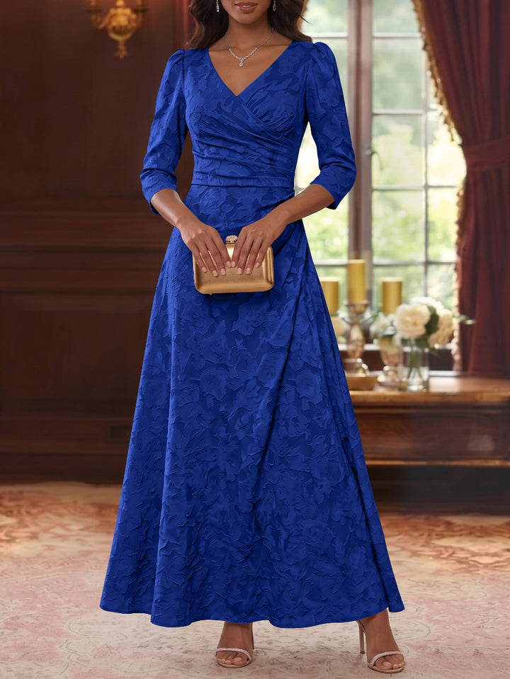 Robe Mère De La Mariée Forme A/Princesse, Col V, Mousseline Florale, Longueur Cheville, Manches 3/4, Froncé