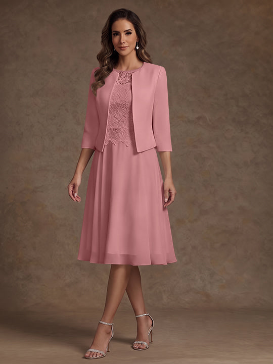 Robe Mère de la Mariée, Ligne A/Princesse, Col Rond, Mousseline, 3/4 Manches, Longueur du Thé, Florale