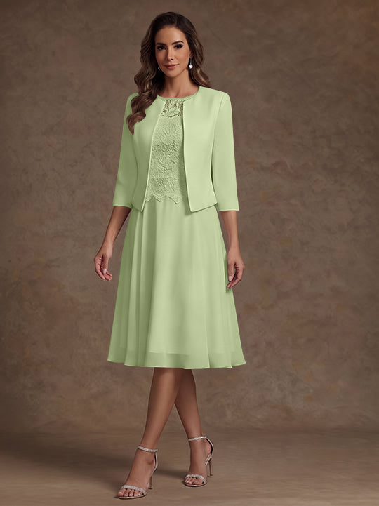 Robe Mère de la Mariée, Ligne A/Princesse, Col Rond, Mousseline, 3/4 Manches, Longueur du Thé, Florale