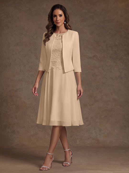 Robe Mère de la Mariée, Ligne A/Princesse, Col Rond, Mousseline, 3/4 Manches, Longueur du Thé, Florale