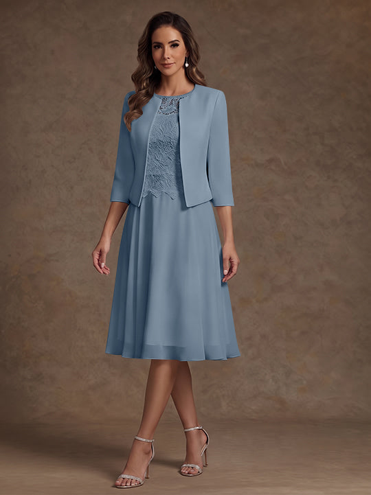 Robe Mère de la Mariée, Ligne A/Princesse, Col Rond, Mousseline, 3/4 Manches, Longueur du Thé, Florale