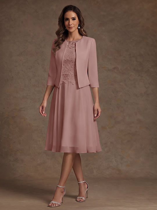 Robe Mère de la Mariée, Ligne A/Princesse, Col Rond, Mousseline, 3/4 Manches, Longueur du Thé, Florale