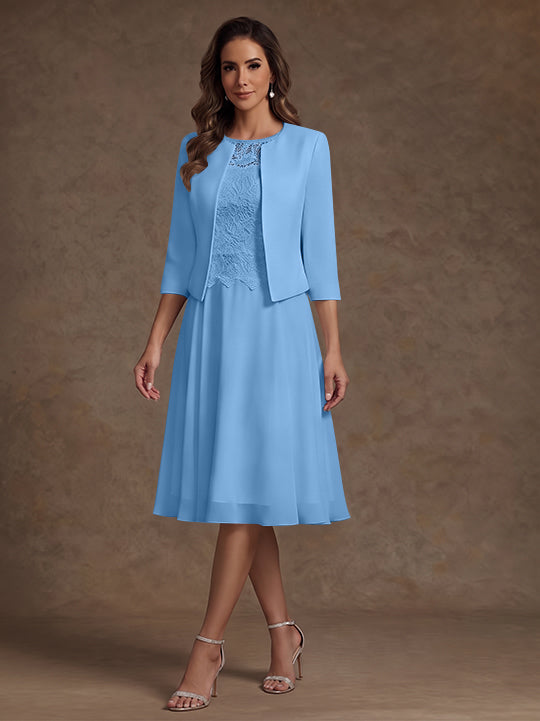Robe Mère de la Mariée, Ligne A/Princesse, Col Rond, Mousseline, 3/4 Manches, Longueur du Thé, Florale