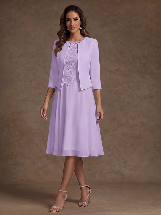 Robe Mère de la Mariée, Ligne A/Princesse, Col Rond, Mousseline, 3/4 Manches, Longueur du Thé, Florale