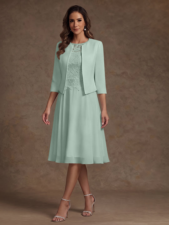 Robe Mère de la Mariée, Ligne A/Princesse, Col Rond, Mousseline, 3/4 Manches, Longueur du Thé, Florale