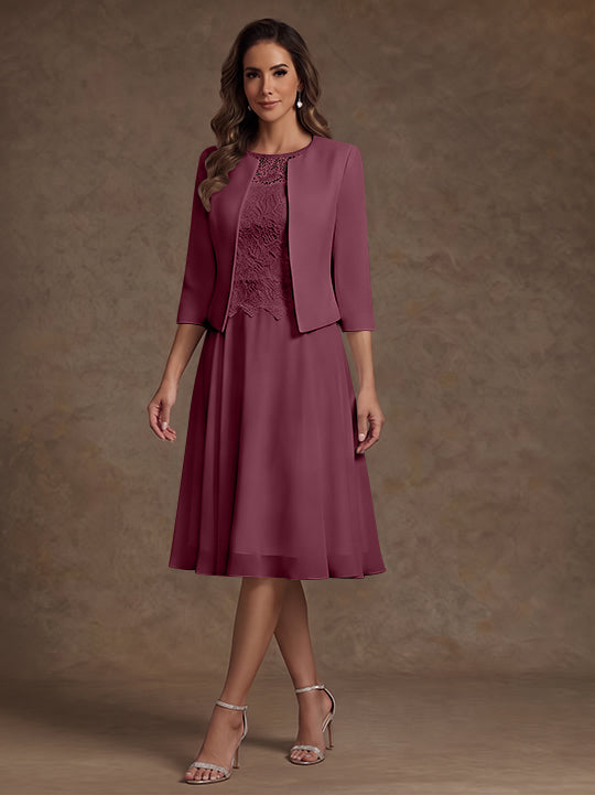 Robe Mère de la Mariée, Ligne A/Princesse, Col Rond, Mousseline, 3/4 Manches, Longueur du Thé, Florale