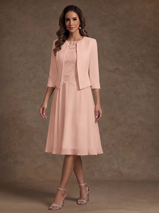 Robe Mère de la Mariée, Ligne A/Princesse, Col Rond, Mousseline, 3/4 Manches, Longueur du Thé, Florale