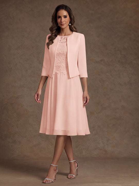 Robe Mère de la Mariée, Ligne A/Princesse, Col Rond, Mousseline, 3/4 Manches, Longueur du Thé, Florale