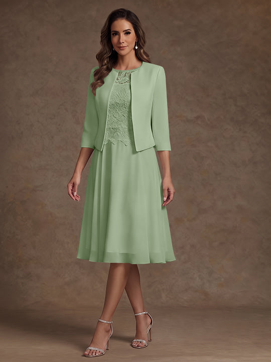 Robe Mère de la Mariée, Ligne A/Princesse, Col Rond, Mousseline, 3/4 Manches, Longueur du Thé, Florale