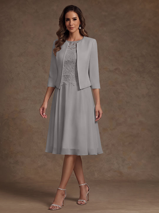 Robe Mère de la Mariée, Ligne A/Princesse, Col Rond, Mousseline, 3/4 Manches, Longueur du Thé, Florale