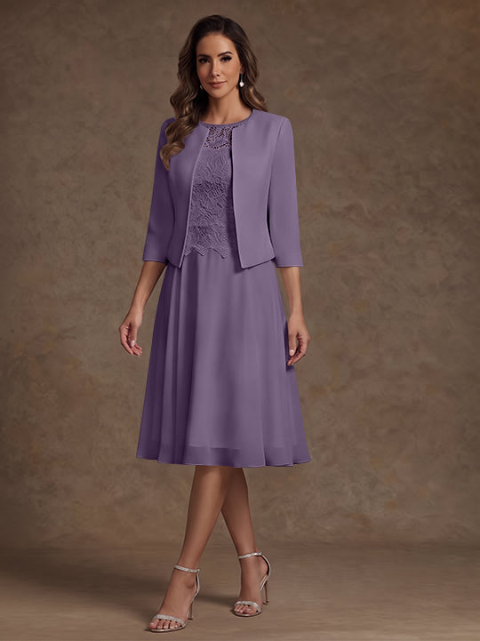 Robe Mère de la Mariée, Ligne A/Princesse, Col Rond, Mousseline, 3/4 Manches, Longueur du Thé, Florale
