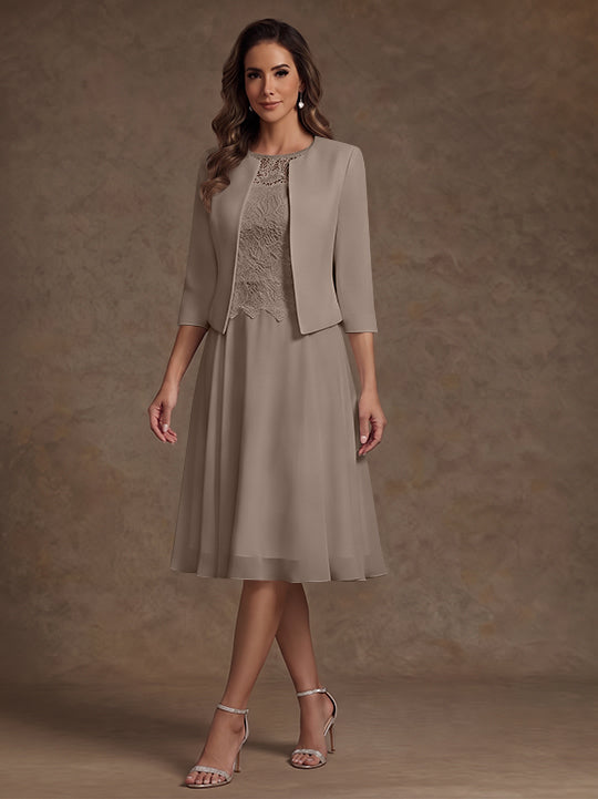 Robe Mère de la Mariée, Ligne A/Princesse, Col Rond, Mousseline, 3/4 Manches, Longueur du Thé, Florale