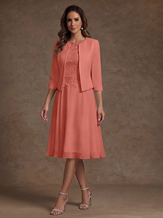 Robe Mère de la Mariée, Ligne A/Princesse, Col Rond, Mousseline, 3/4 Manches, Longueur du Thé, Florale
