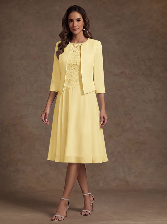 Robe Mère de la Mariée, Ligne A/Princesse, Col Rond, Mousseline, 3/4 Manches, Longueur du Thé, Florale