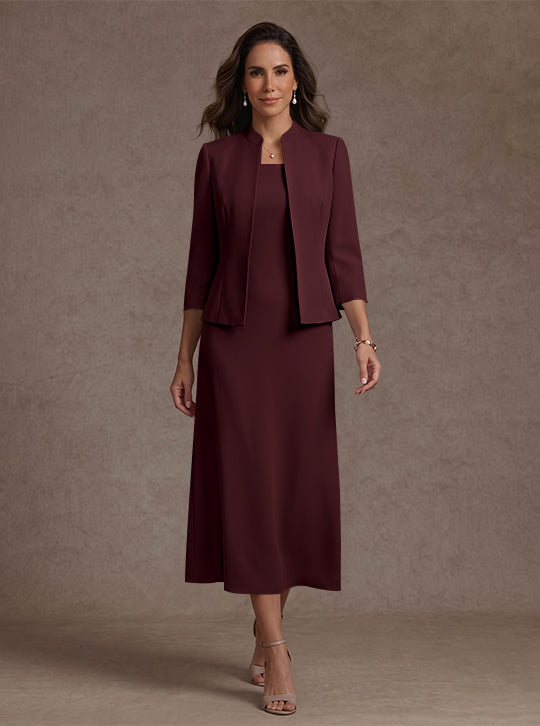 Robe Mère de la Mariée, 2 Pièces, Gaine/Colonne, Col Carré, Satin Élastique, Manches 3/4, Longueur du Thé