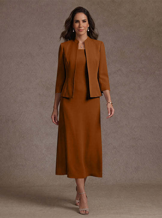 Robe Mère de la Mariée, 2 Pièces, Gaine/Colonne, Col Carré, Satin Élastique, Manches 3/4, Longueur du Thé